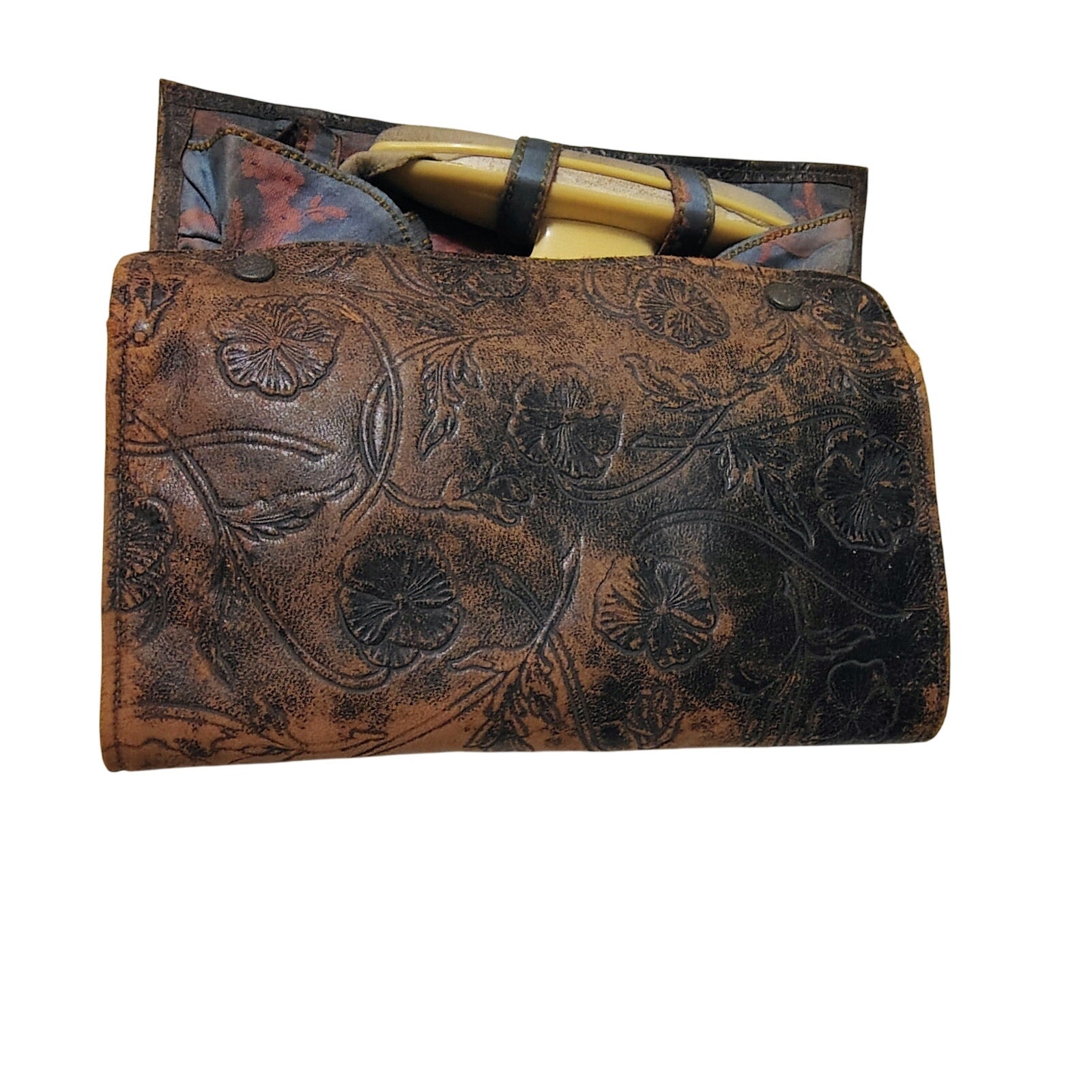 1900-1920 Tooled Leather Floral Celluloid 11 Pc Manicure Set Travel Case [Antique]