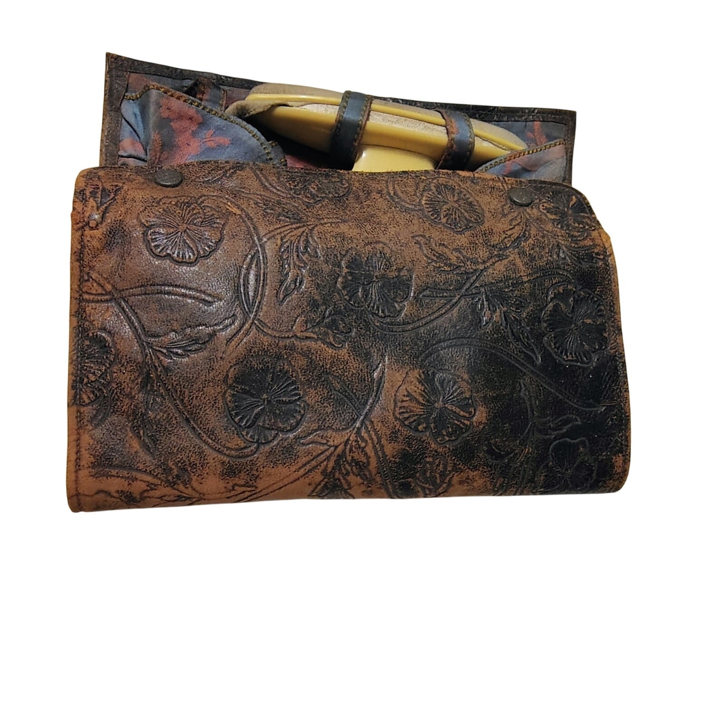 1900-1920 Tooled Leather Floral Celluloid 11 Pc Manicure Set Travel Case [Antique]