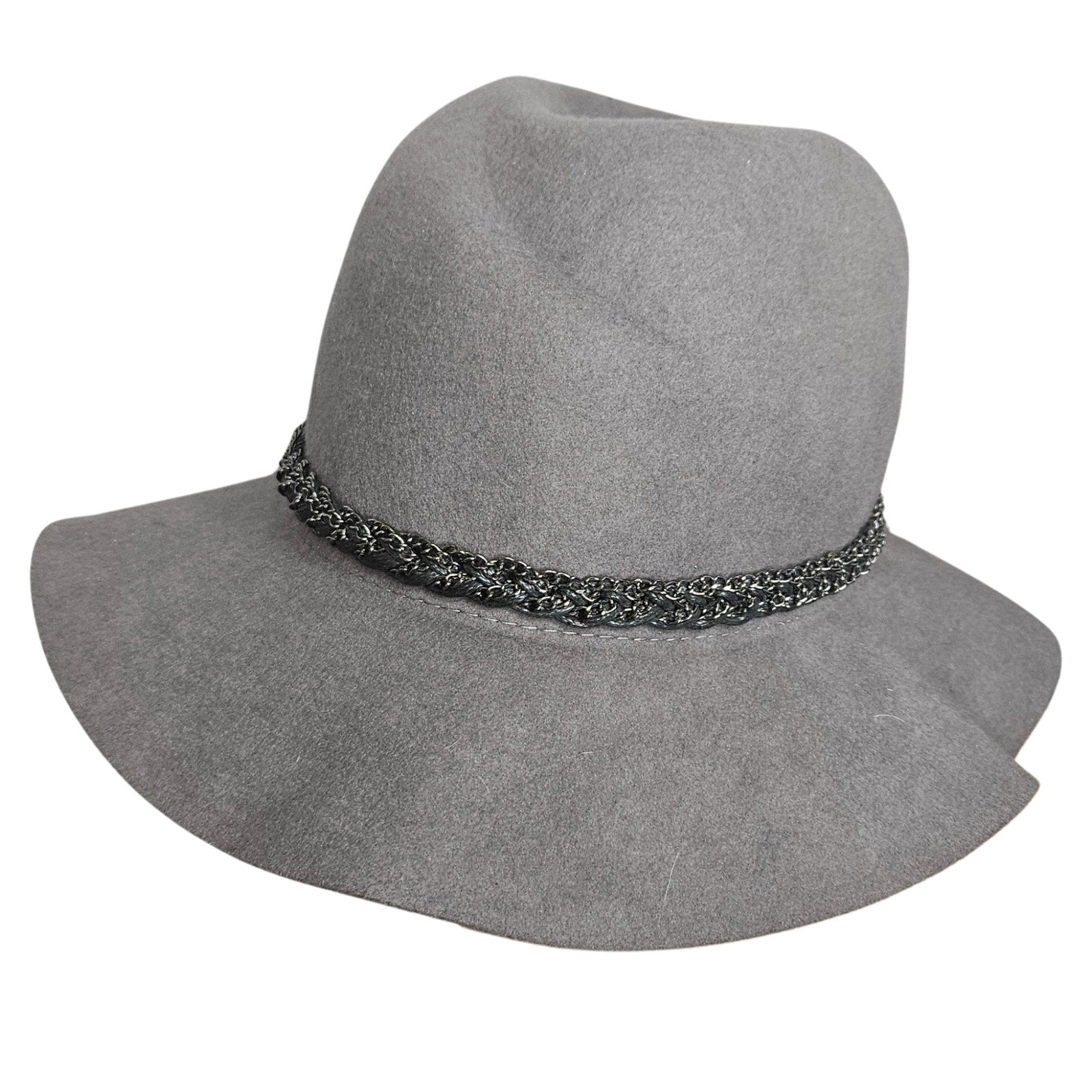 CC Exclusives Gray 100% Wool Wide Floppy Brim Hat Boho Braided Metal Chain Band
