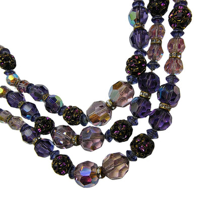 Vintage Beaded Purple Aurora Borealis Triple Strand Layered Statement Necklace