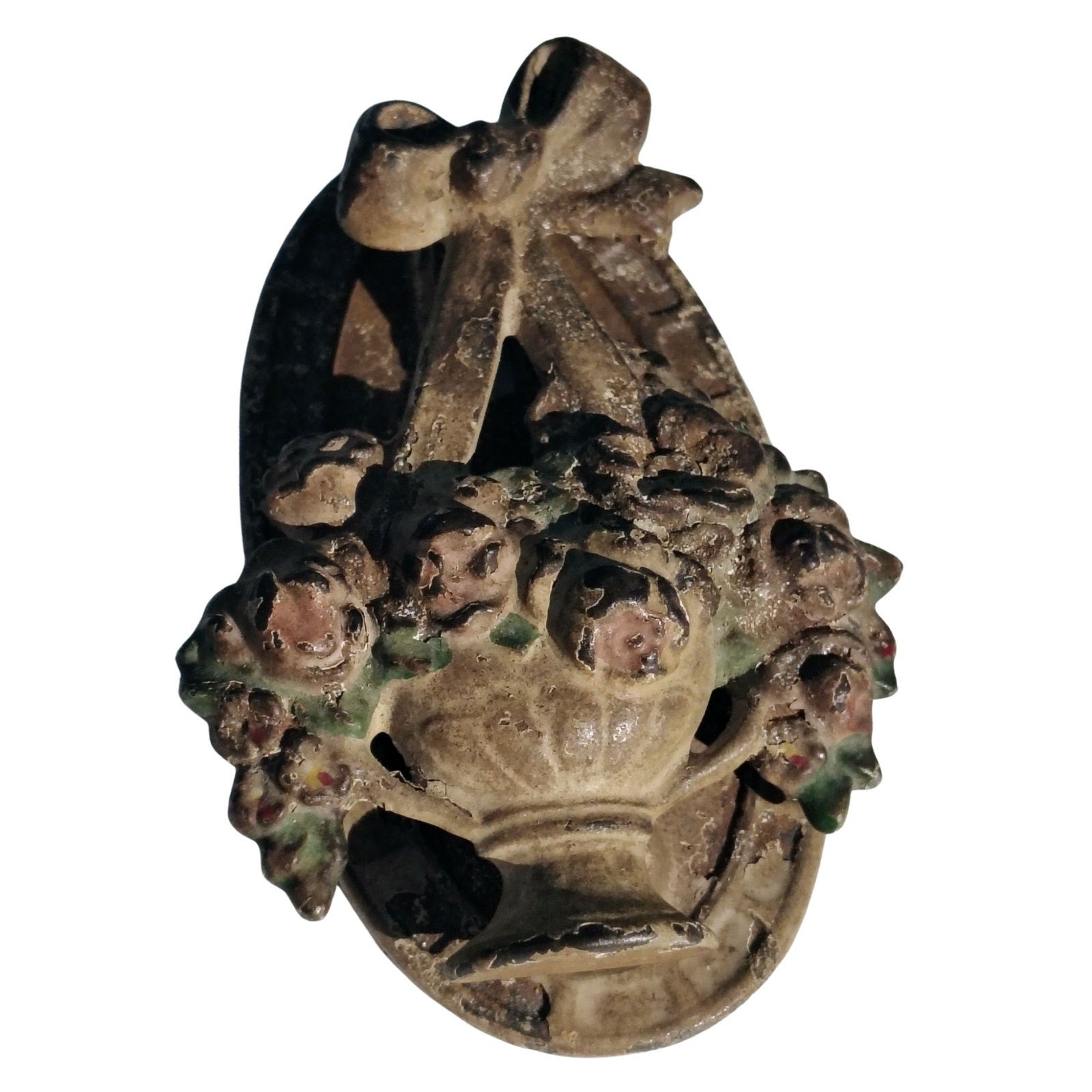 1920s Hubley Cast Iron Flower Basket Ribbon Door Knocker Cream [Antique]