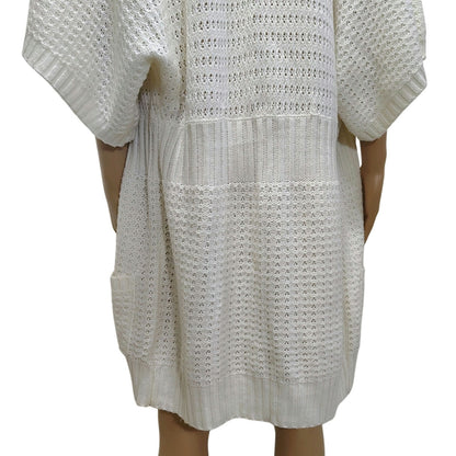 1990s Knit Wool Cardigan Cream Long Boho Open Front Short Sleeve Sweater Size L