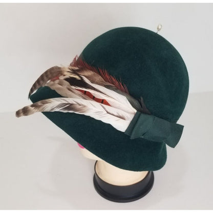 1960s Green Frank Olive Wool Hat Long Feathers Hat Band and Double Bow [VINTAGE]