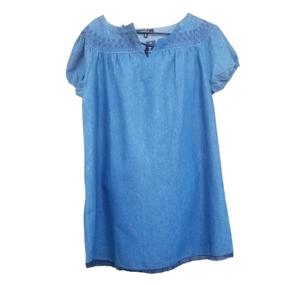 Heart Soul Embroidered Short Blue Jean Dress Cap Sleeves Lined Lace Hemline Size Large