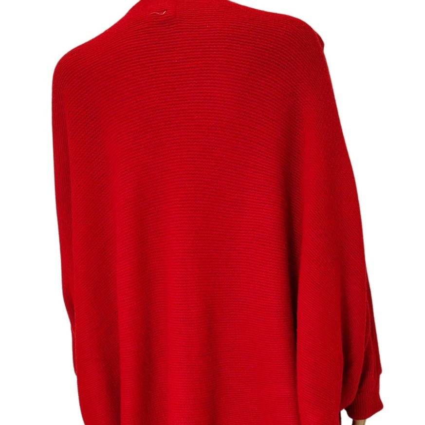 1980s Red Knit Cardigan Open Front Pleated Shoulder Round Hem Sweater One Size [Vitnage]