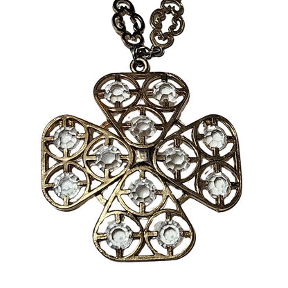 70s Cross Pendant Faceted Stone Metal Framework Ornate Interconnected Chain link