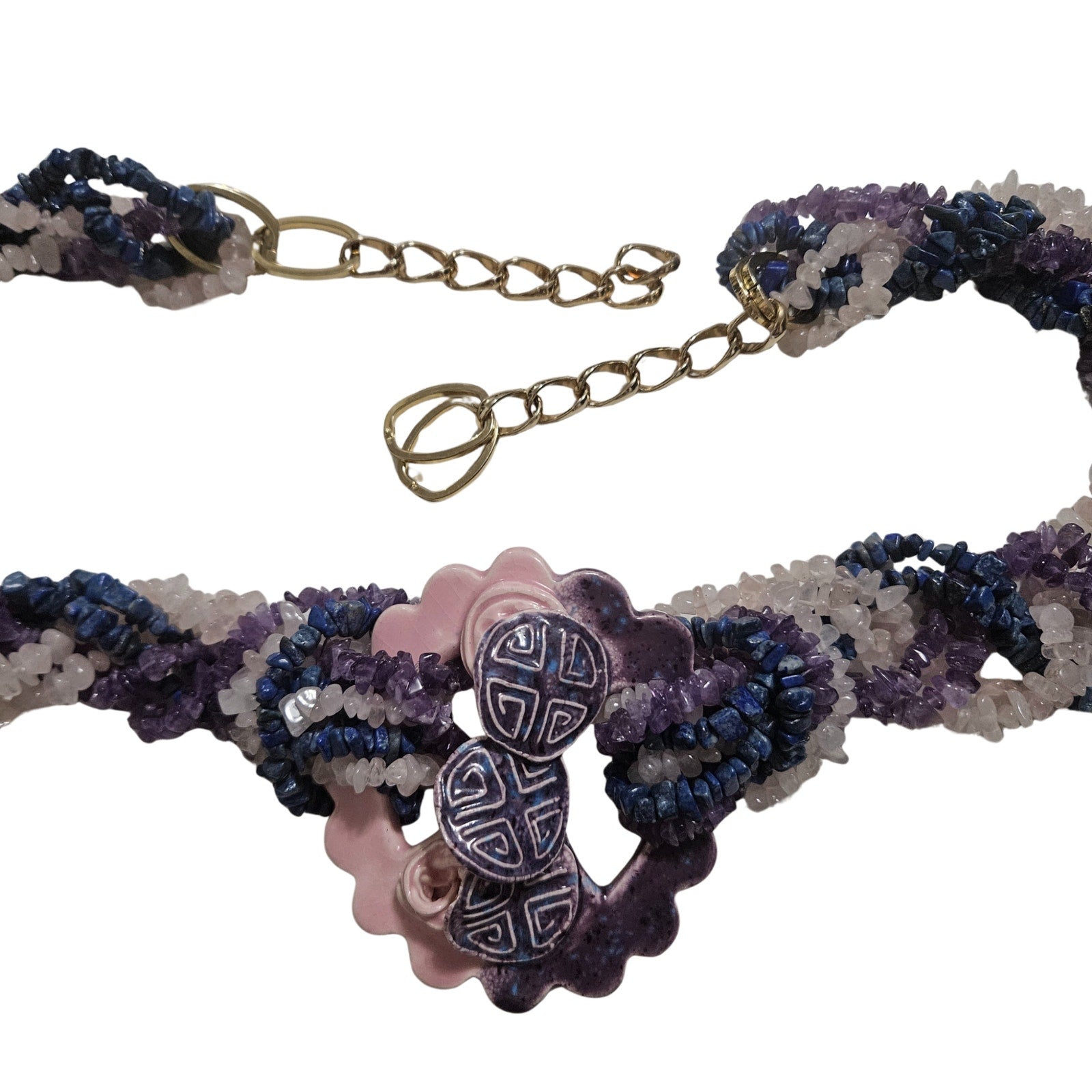 Purple Amethyst Lapis Lazuli Rose Quartz Belt Pottery Belt Buckle [Vintage]