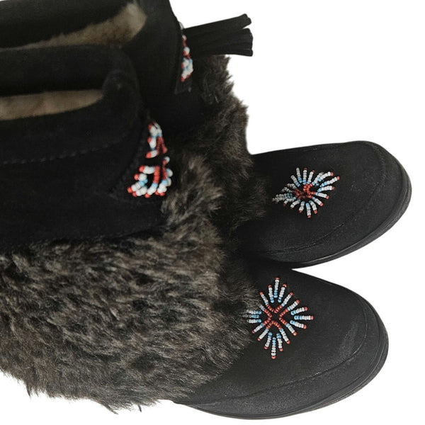 Minnetonka Mukluk Bead Detail Black Genuine Suede Leather Faux Fur Size 7 Womens