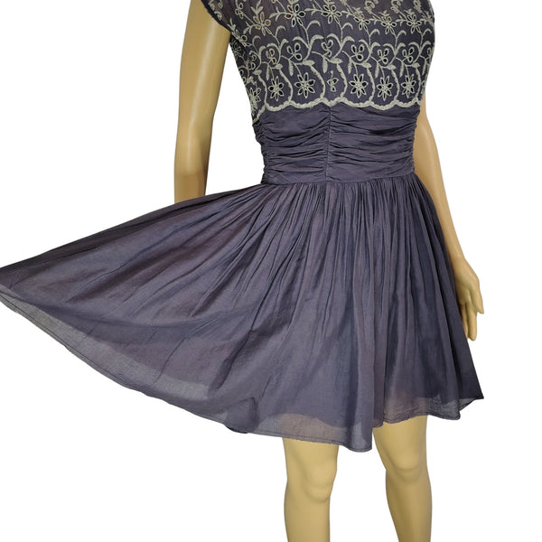 Free People Dark Purple Shirred Floral Embroidered Eyelet Dress Women's Size Small