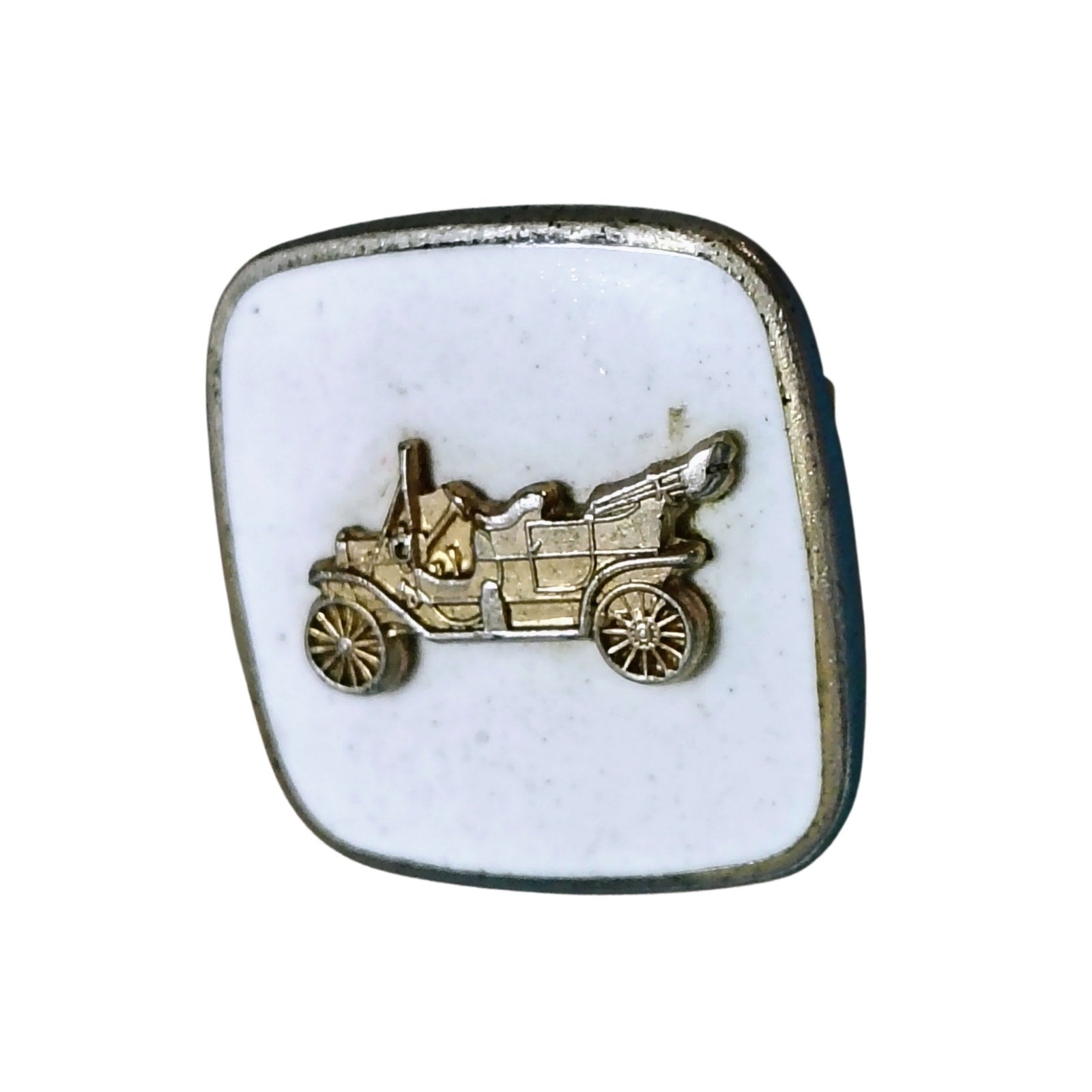 1950s White Enamel Cufflinks with Gold Metal Roadster Gently Used Set of Two