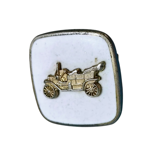 1950s White Enamel Cufflinks with Gold Metal Roadster Gently Used Set of Two