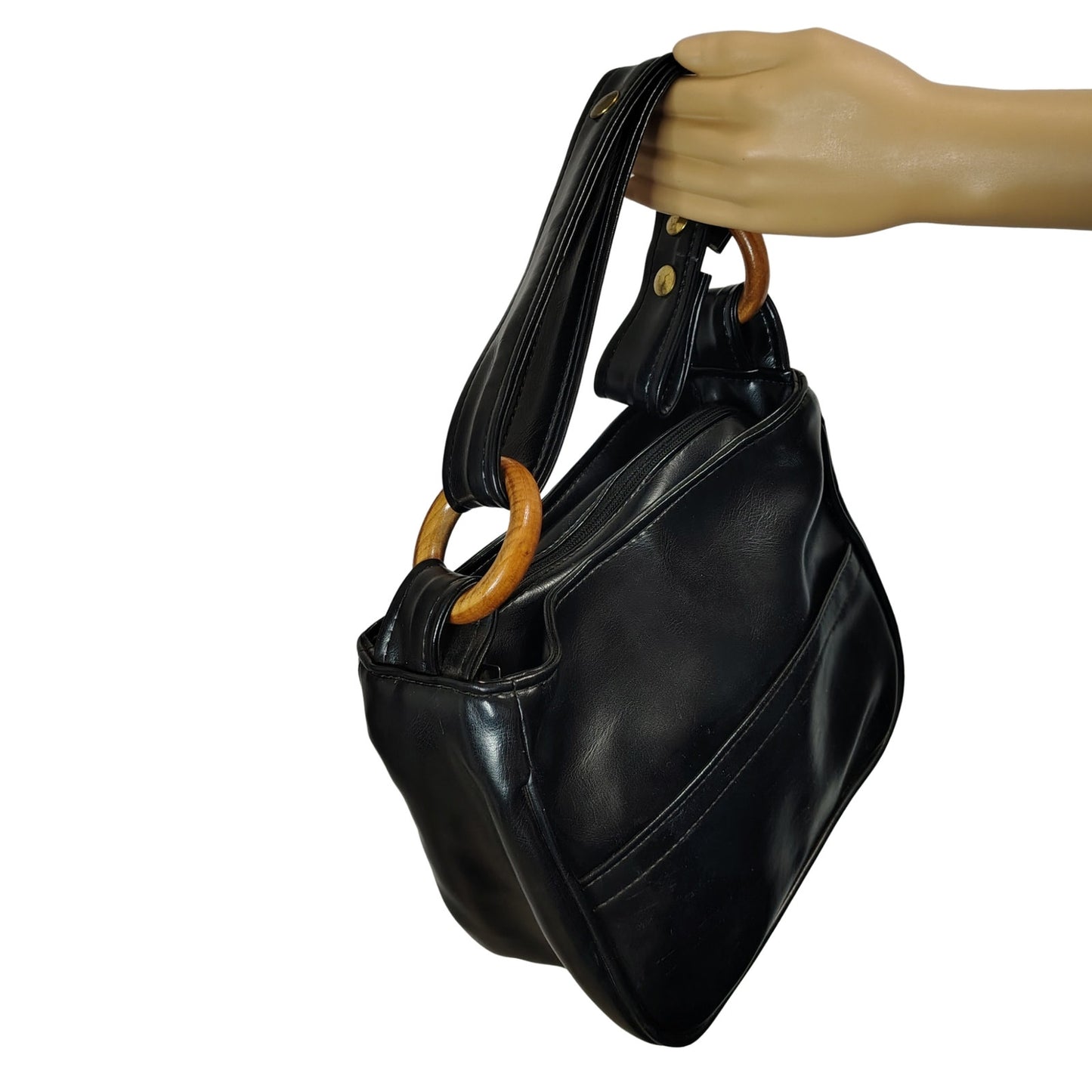 1970s Black Vinyl Convertible Shoulder Handbag Top Handle Purse  Wood Loops