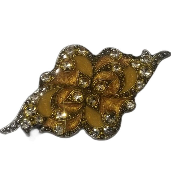 1960s Vintage Enamel Crystal Adorned Floral Yellow Wide Silver Tone Brooch