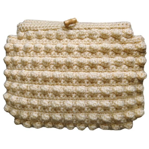 60s Crochet Cord Popcorn Pattern Beige Hand Bag Maxi Clutch Wooden Toggle Purse [Vintage]