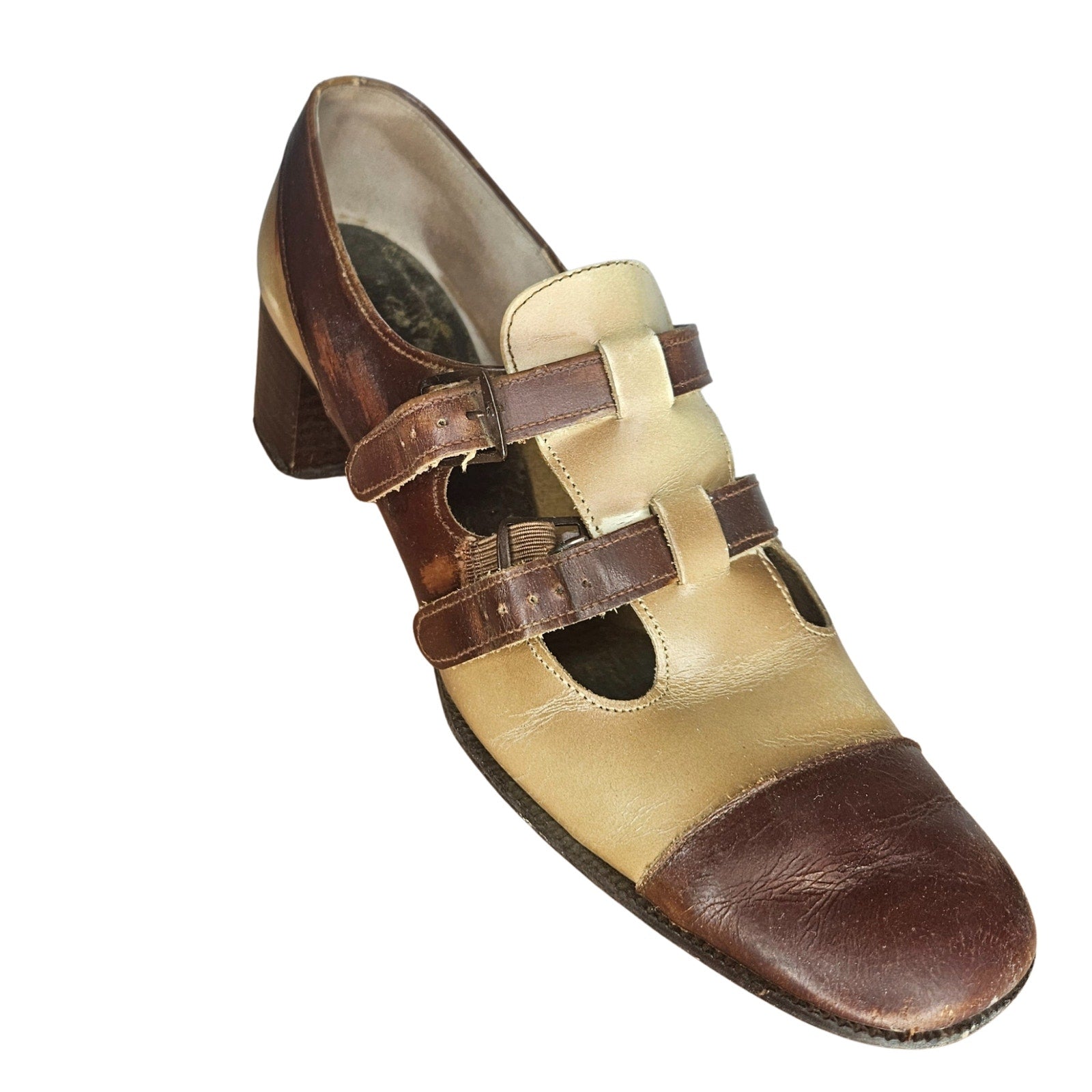 1930s Two-Tone Double-Strap Leather Mary Jane Round Closed Toe Block Heel Shoes [Antique]