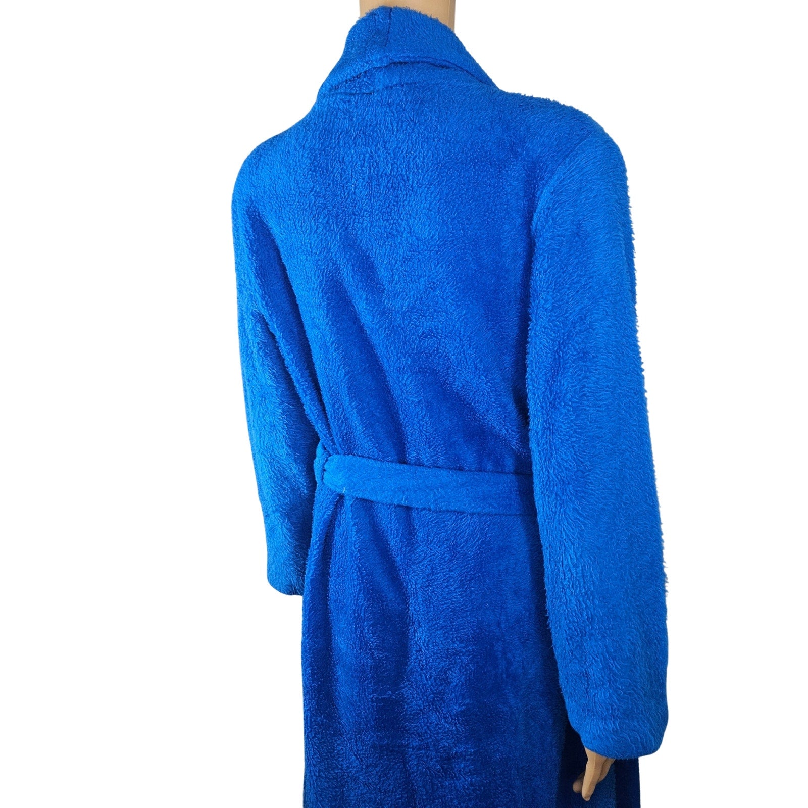 1970s Electric Blue Shaggy Full Length Robe Matching Belt Teddy Bear Fleece