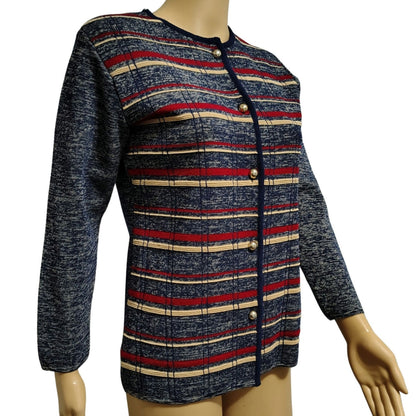 1960s Striped Blue Wool Button Up Cardigan Crewneck Long Sleeve Cardigan Size 12