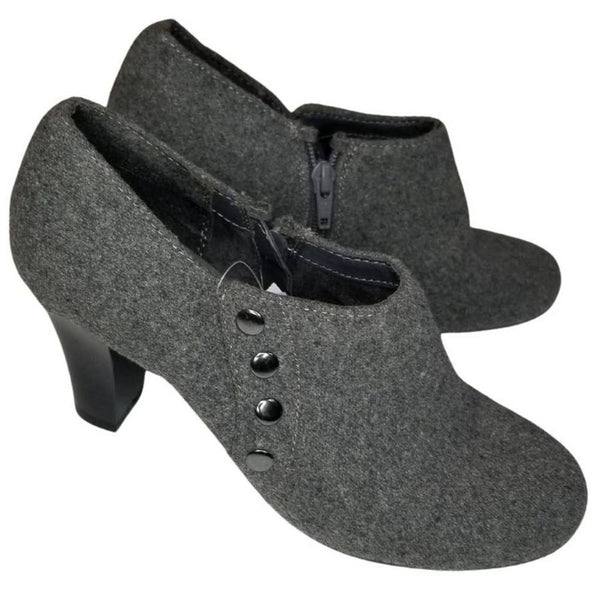 Booties Gray Fabric Round Toe High Heels Inside Zip Closure Size 7 Vegan New