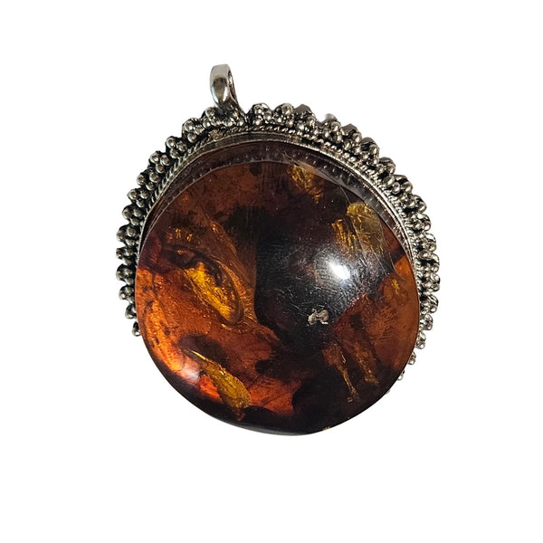 Vintage Huge Round Amber in Silver Tone Metal Pendant on Black Ribbon Necklace