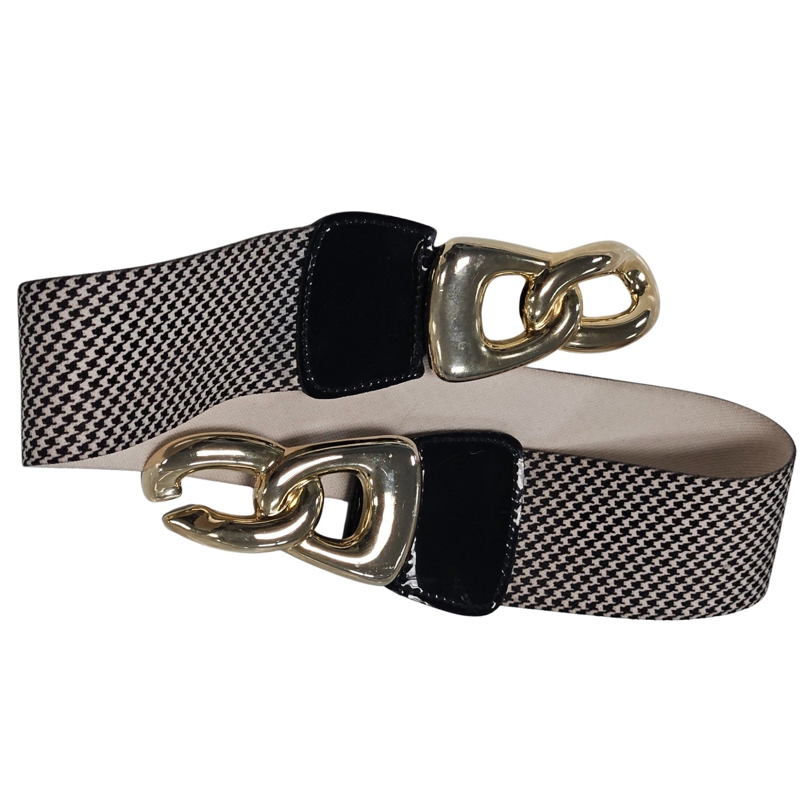 1980s Houndstooth Elastic High Waisted Belt Gold Chunky Buckle Patent Leather Small [Vintage]