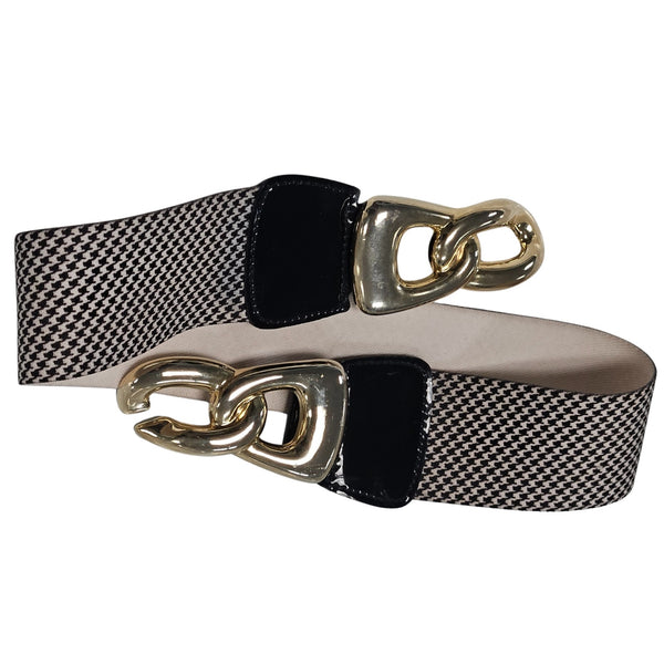 1980s Houndstooth Elastic High Waisted Belt Gold Chunky Buckle Patent Leather Small [Vintage]