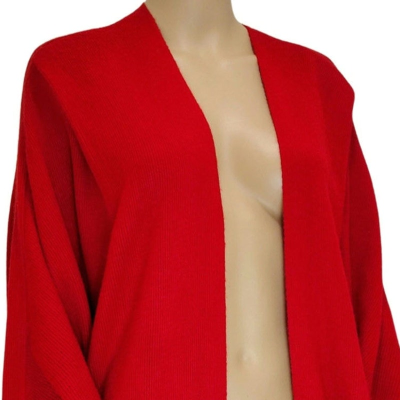 1980s Red Knit Cardigan Open Front Pleated Shoulder Round Hem Sweater One Size [Vitnage]