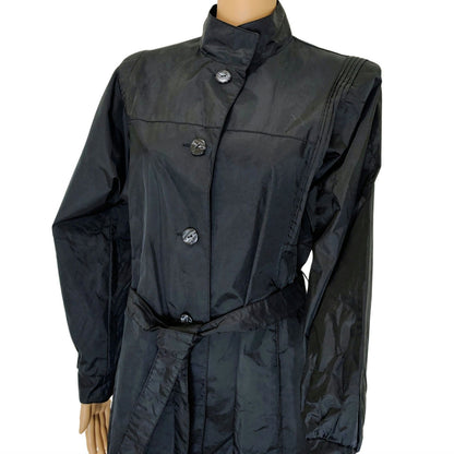 1980s Black Long Rain Jacket Trench Coat Waterproof Rubberized Size 7/8 Medium