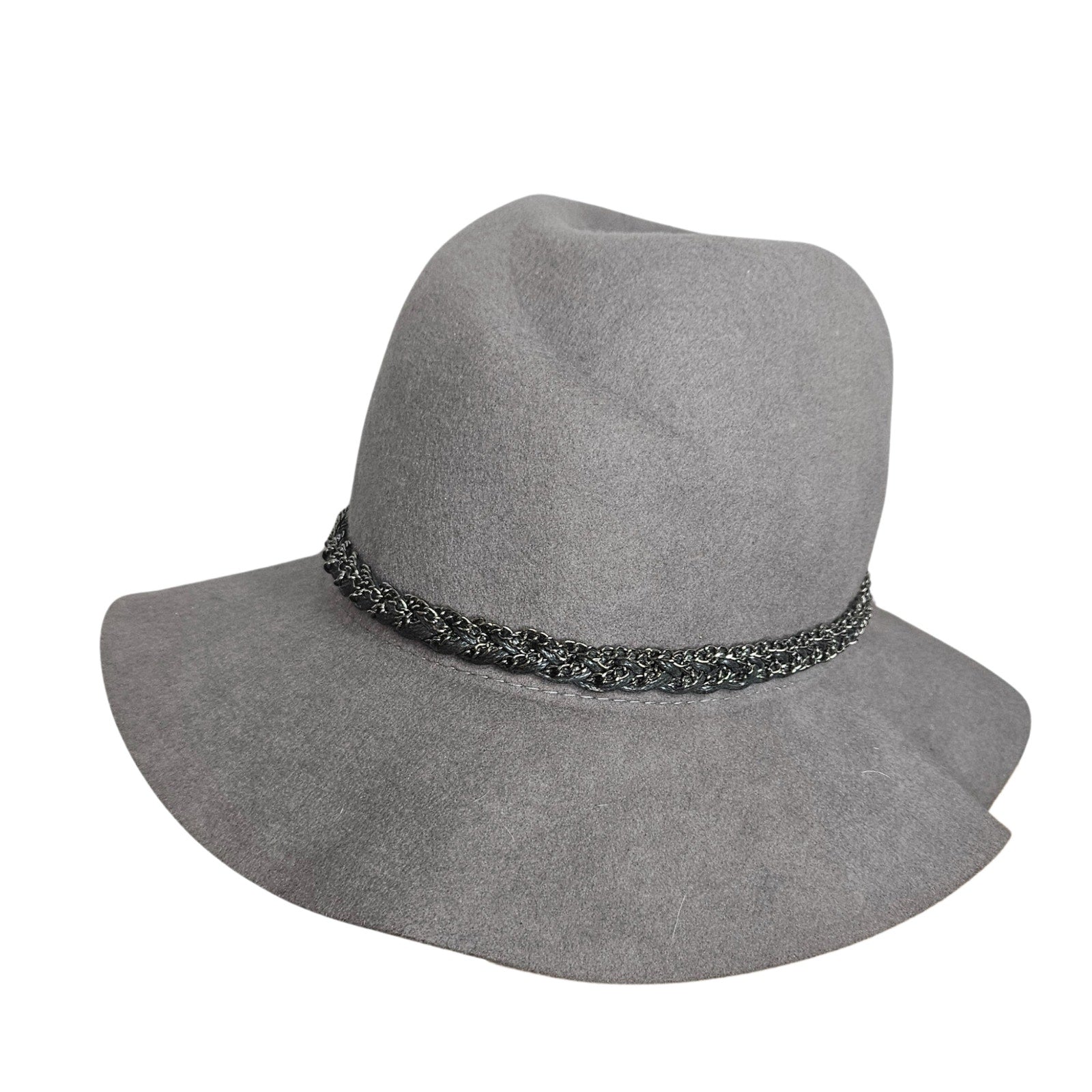 CC Exclusives Gray 100% Wool Wide Floppy Brim Hat Boho Braided Metal Chain Band