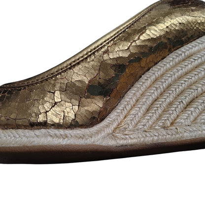 1980s Coach Bronze Crackle Leather Jute Wedge Hee Ireland Bow Espadrille Size 7 [Vintage]