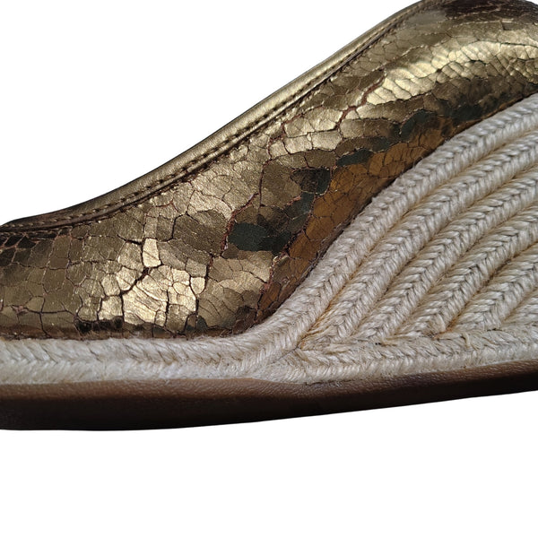 1980s Coach Bronze Crackle Leather Jute Wedge Hee Ireland Bow Espadrille Size 7 [Vintage]