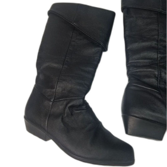 90s Vintage Black Leather Basic Editions Fold Down Mid Calf Boots Size 6