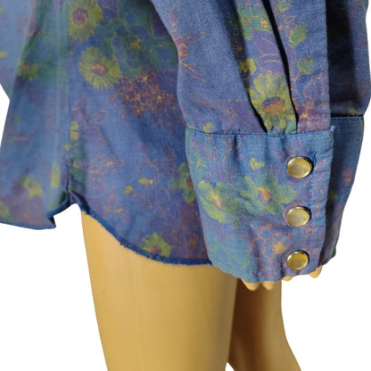 1980s Purple Floral Metallic Gold Western Pearl Snap Button Shirt H Bar C Size 15.5 [Vintage]