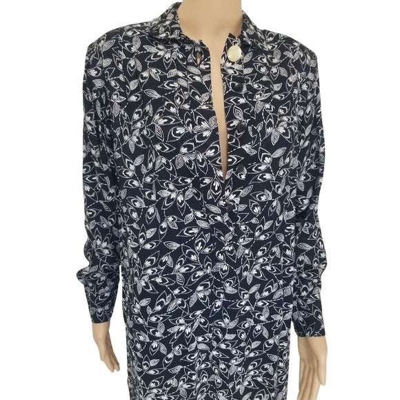 1980s Liz Claiborne Petite Black Long Sleeve Floral Shirt Dress Size 8P [VINTAGE]