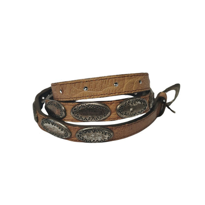 Vintage Tan Western Skinny Concho Belt Silver Tone Rounded Etched Buckle Size L