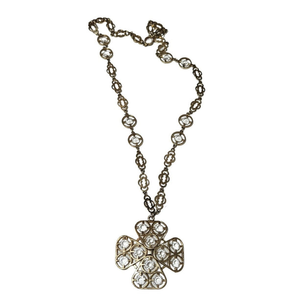 70s Cross Pendant Faceted Stone Metal Framework Ornate Interconnected Chain link