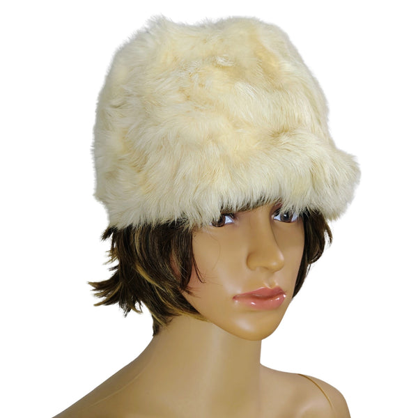 1950s Cream Real Fur Tall Pillbox Cossack Style Winter Hat [Vintage]
