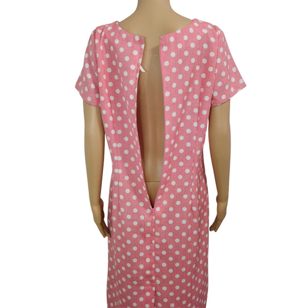 1940s Peach Polka Dot Rockabilly Short Sleeve Midi Back Long Zipper Dress Size 14 [Vintage]