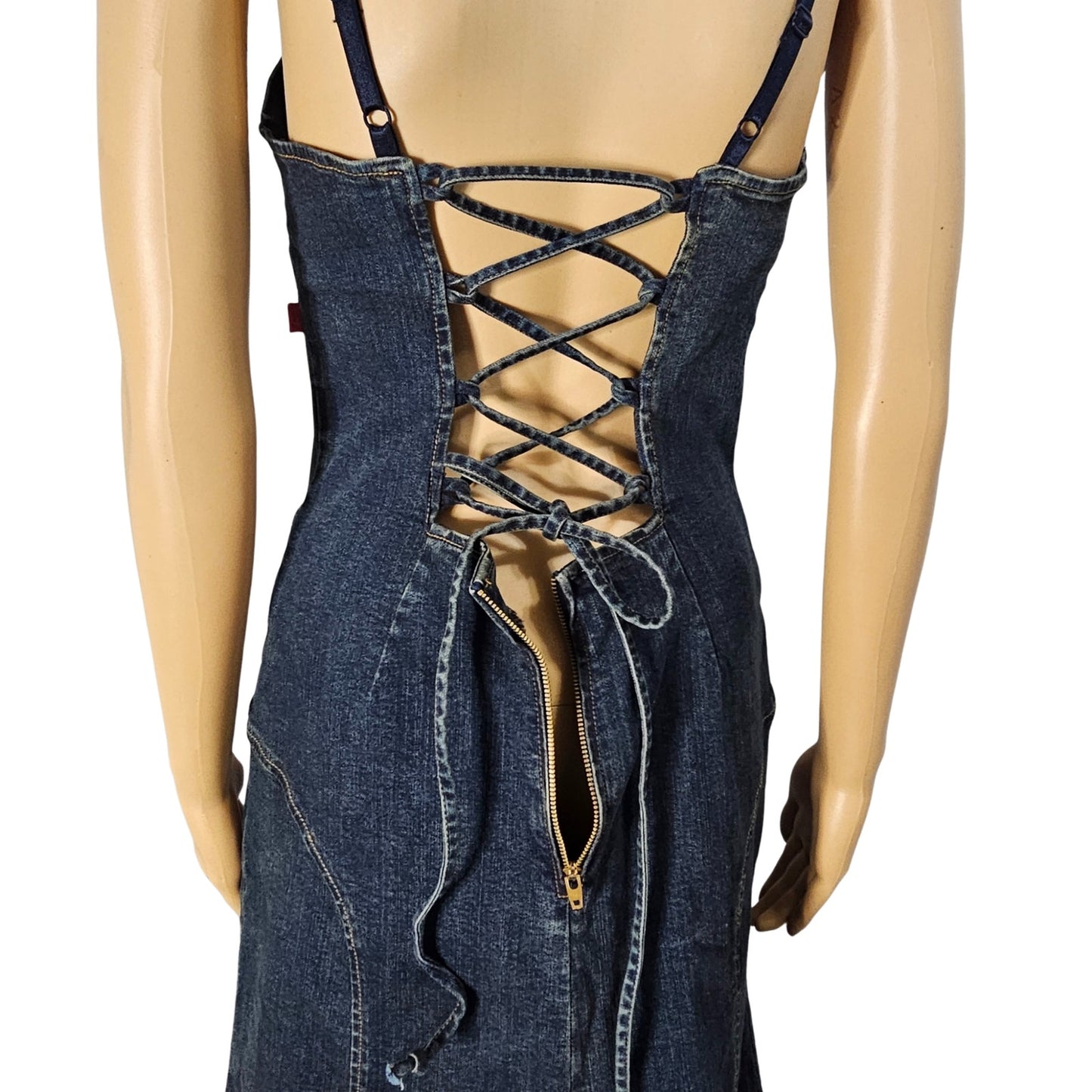 1990s Blue Stretch Denim Maxi Uneven Hemline Lace Up Back Jean Dress Size Large [Vintage]