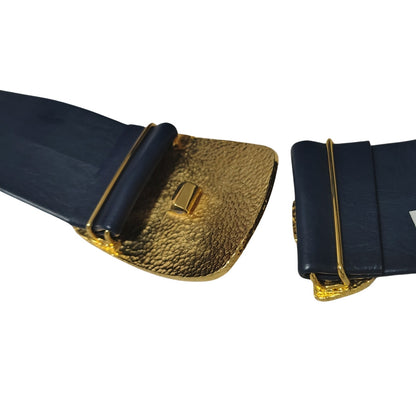 Wide Blue Leather Belt Gold Crocodile Print Huge Belt Buckle Hook Closure OS