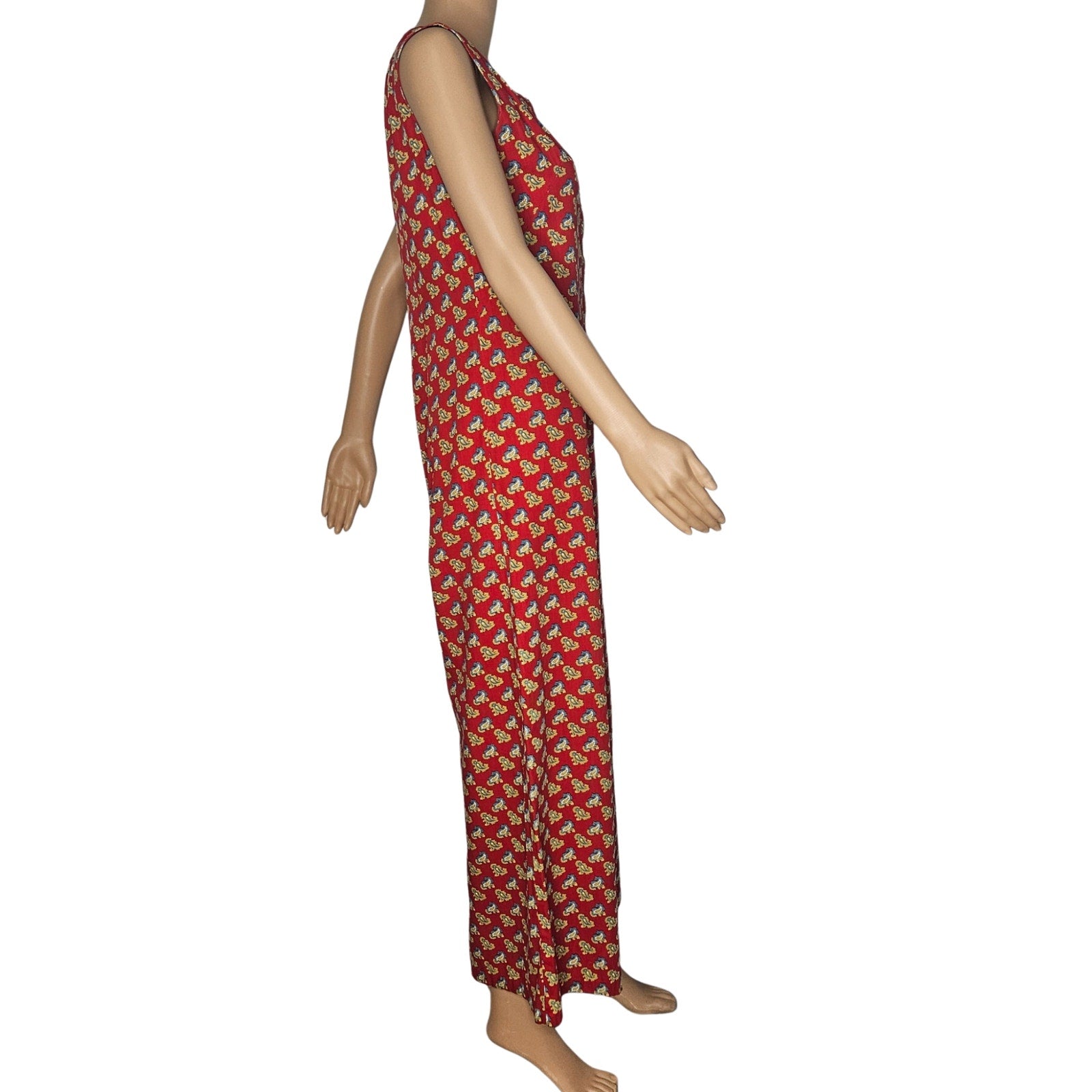 1970s Red Fluer De Lis Short Sleeve Zip Up Wide Culotte Legs Romper Size Small