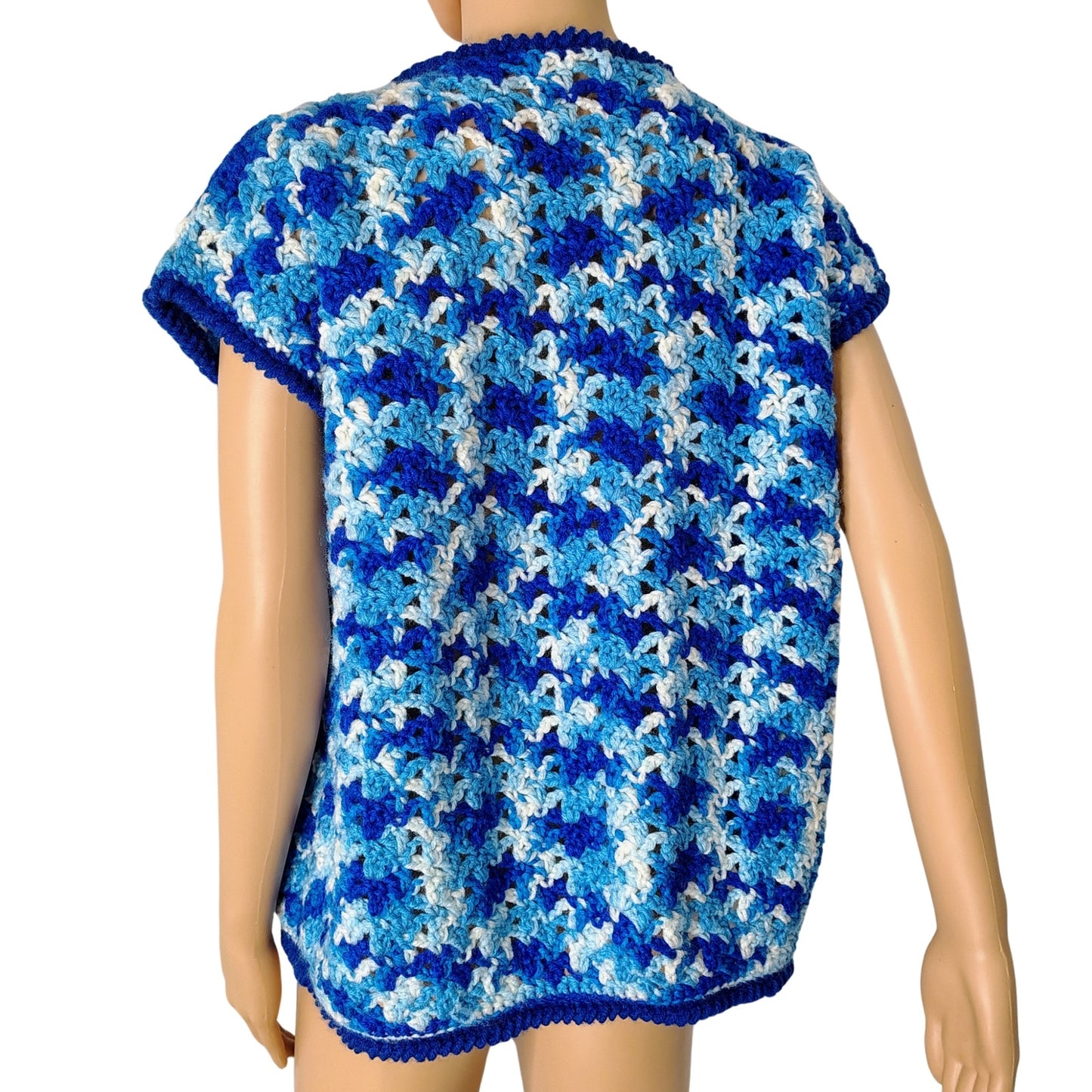 1970s Blue White Crochet Knit Cap Sleeves Tie Up Cardigan Sweater Size Large [Vintage]