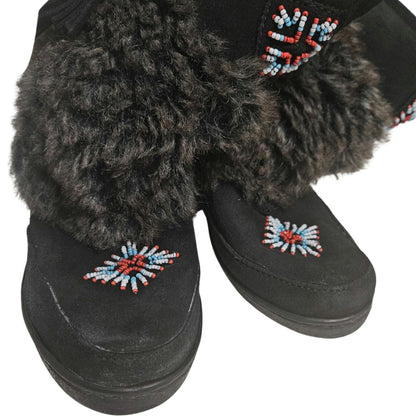 Minnetonka Mukluk Bead Detail Black Genuine Suede Leather Faux Fur Size 7 Womens