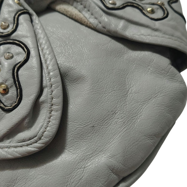 80s Gray Leather Ruched Round 2-IN-1 Crossbody Maxi Clutch Handbag Silver Studs