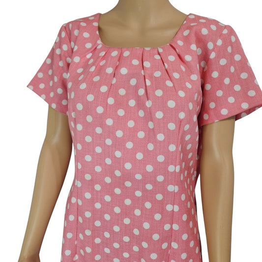 1940s Peach Polka Dot Rockabilly Short Sleeve Midi Back Long Zipper Dress Size 14 [Vintage]