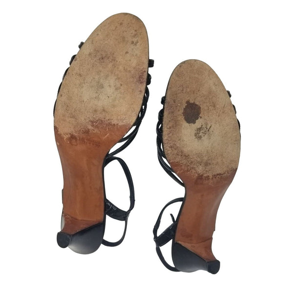 1960s Strappy Leather Bottom Open Toe High Heels Made in Italy Size 7 [VINTAGE]