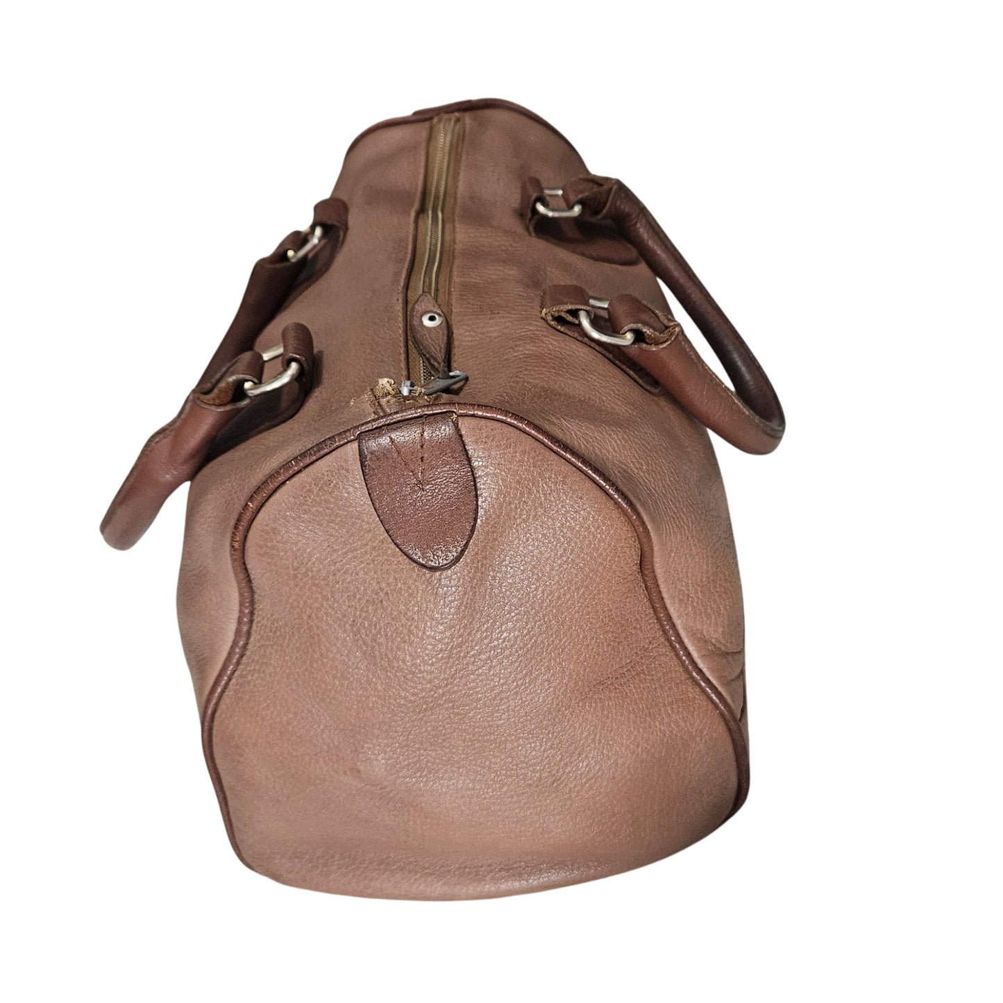 INC Brown Genuine Leather Bowling Barrel Bag Top Handle Handbag Gently Used