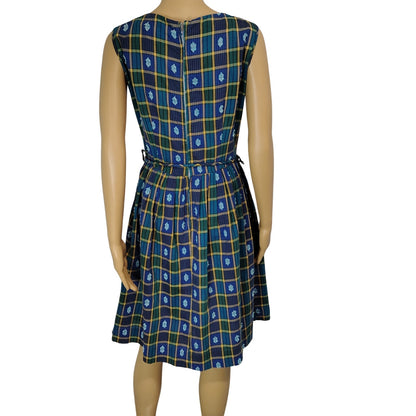 Belted Blue Green Plaid Vintage Handmade Pleated Ribbon Tie Midi Dress Size Small [Vintage]