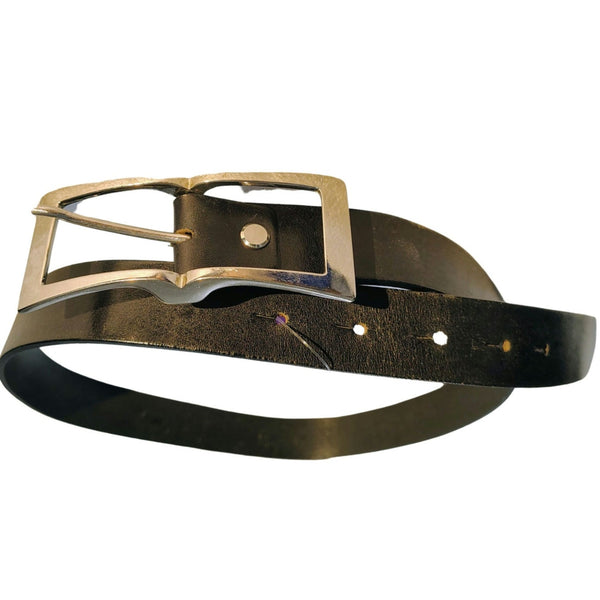 Italian Made Black Leather Belt Rectangular Silver Pull Through Buckle Size 32