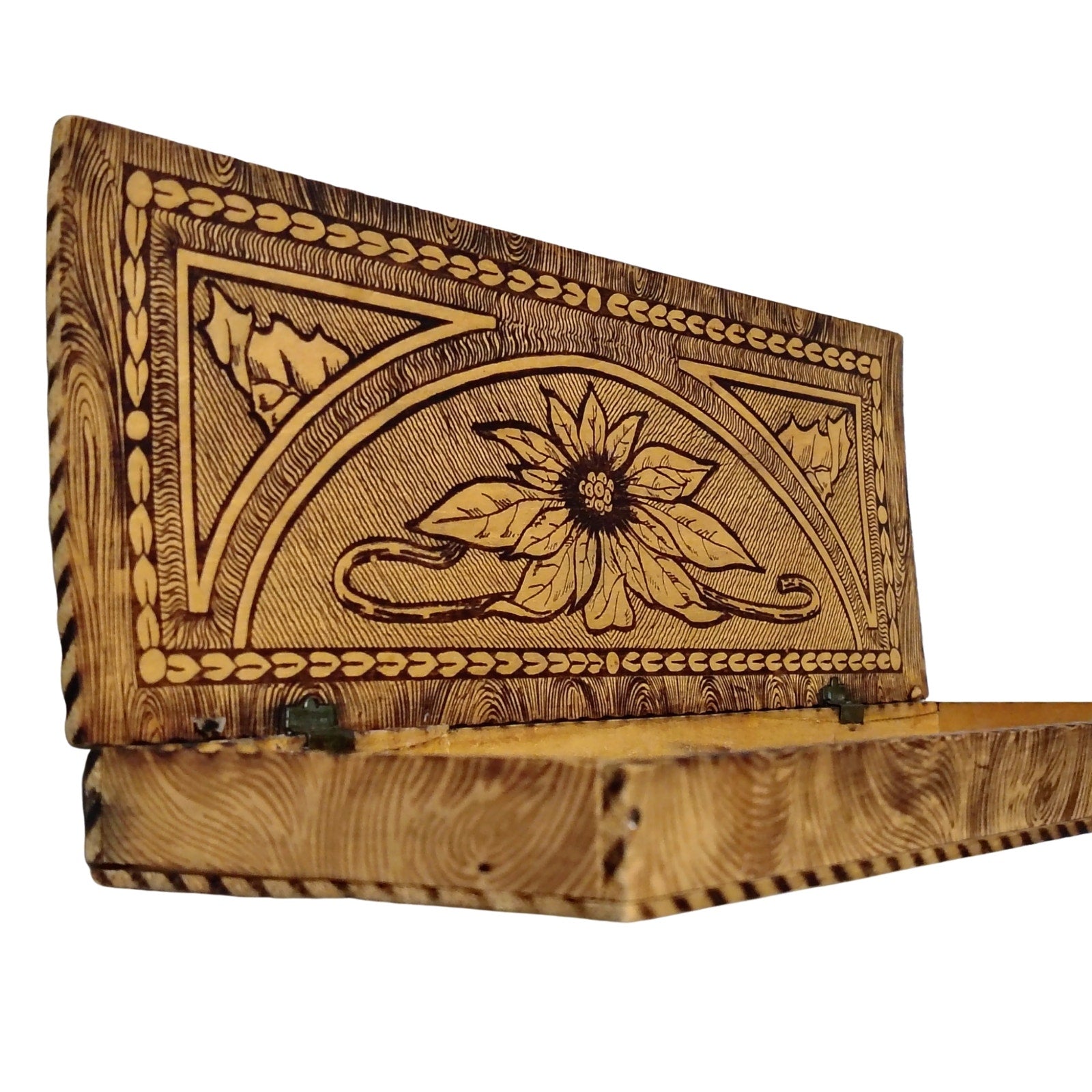 1930s Pyrography Glove Box Wooden Engraved Box Keepsake [Antique]