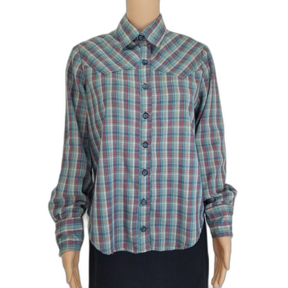 Metallic Shimmer Blue Vintage Western Cowboy Cowgirl Plaid Button Up Shirt Med